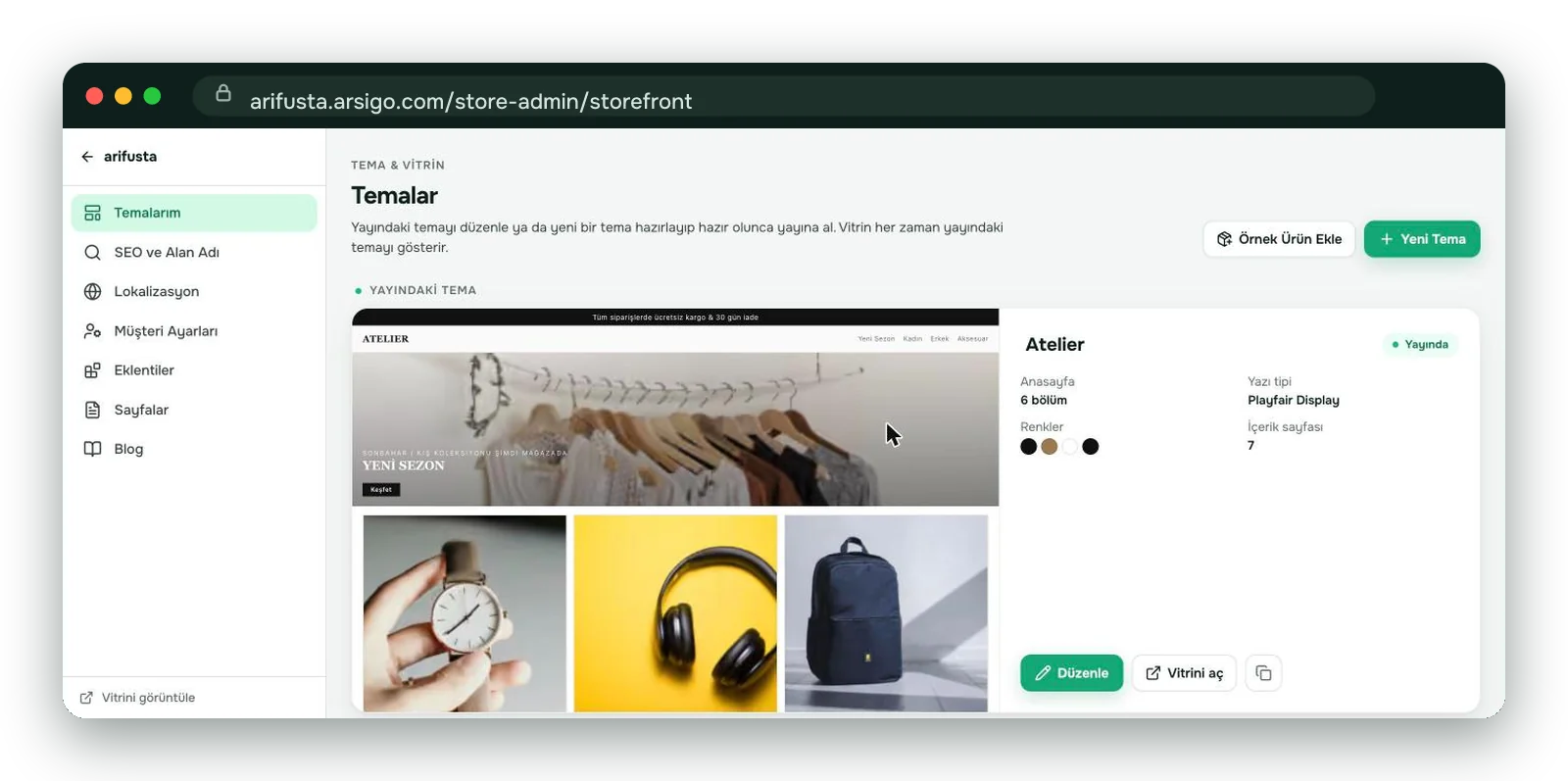 Arsigo tema editöründe hazır temalar